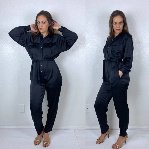 vintage 90s BLACK Liz Claiborne BELTED JUMPSUIT M/L utility military pantsuit - Picture 6 of 10